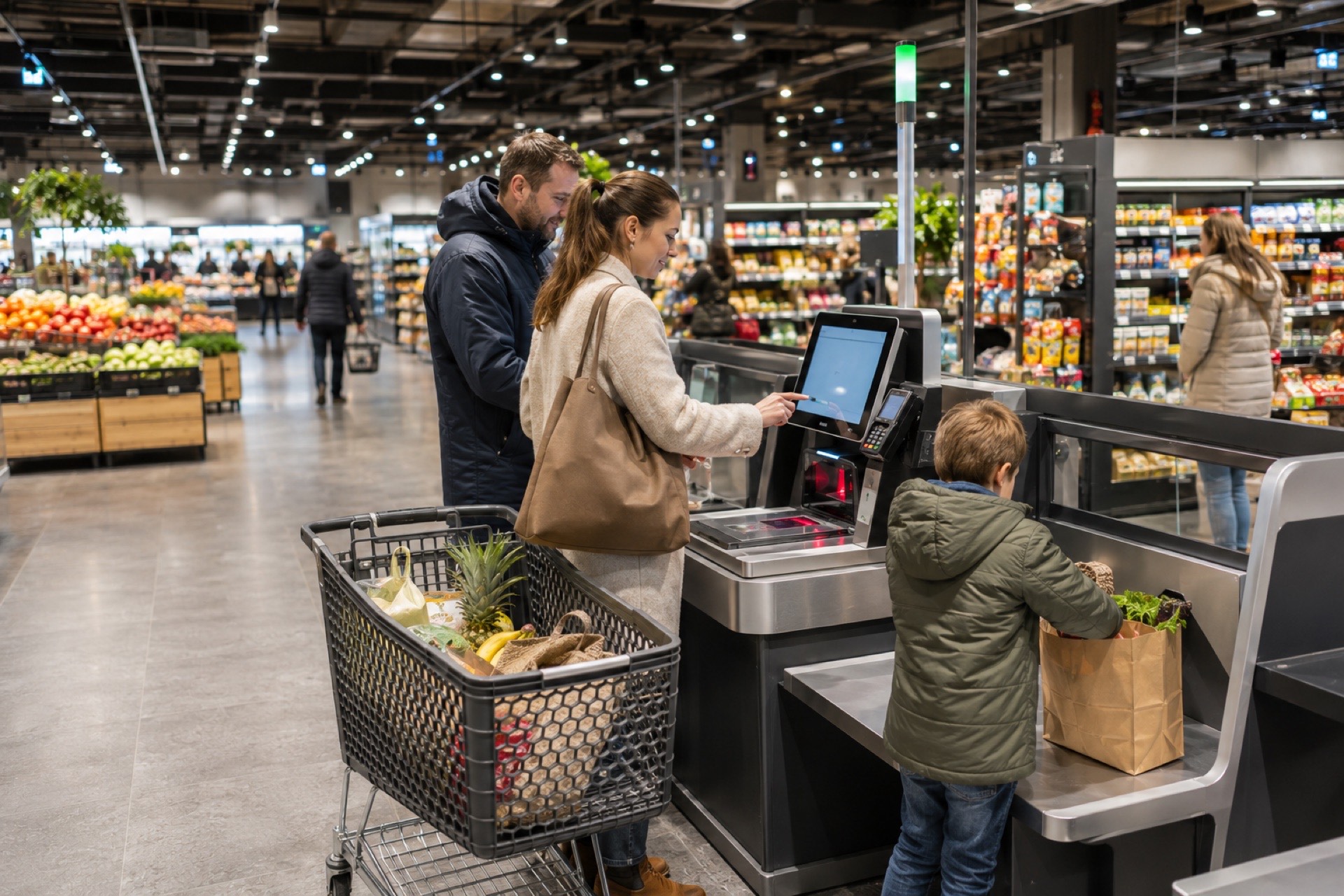 Rodzina przy kasie samoobsługowej w norweskim supermarkecie